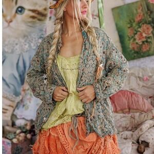 Magnolia Pearl Blue Eyes Workshirt Floral Distressed Button Down Patchwork NWT